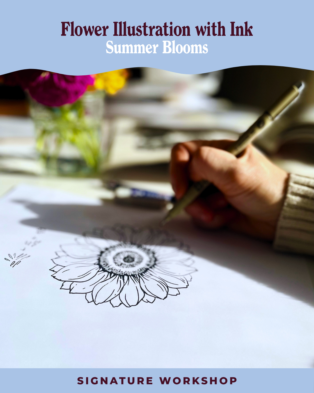 Flower Illustration with Ink: Summer Blooms