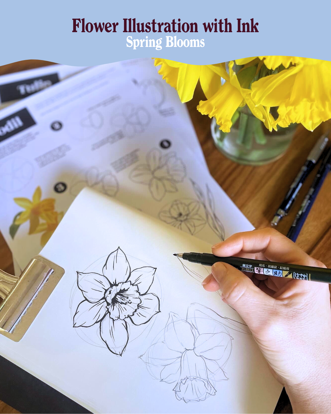 Flower Illustration with Ink: Spring Blooms