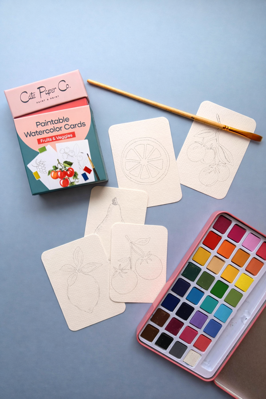 Paintable Watercolor Card Deck — Fruits and Veggies